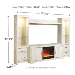 Bellaby - Whitewash - Entertainment Center - LG TV Stand, 2 Piers, Bridge with Fireplace Insert Glass/Stone 1