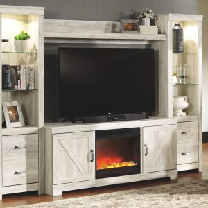 Bellaby - Whitewash - Entertainment Center - LG TV Stand, 2 Piers, Bridge with Fireplace Insert Glass/Stone
