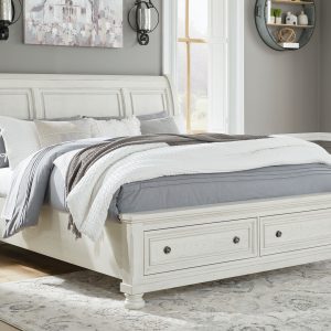Robbinsdale - Antique White - King Sleigh Bed with 2 Storage Drawers