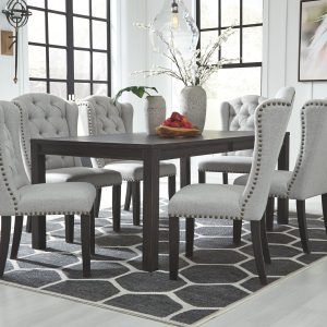 Jeanette - Dark Brown / Linen - 7 Pc. - Rectangular Dining Room Table, 6 Upholstered Side Chairs
