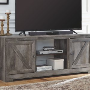 Wynnlow - Gray - 63" Tv Stand With Glass/stone Fireplace Insert