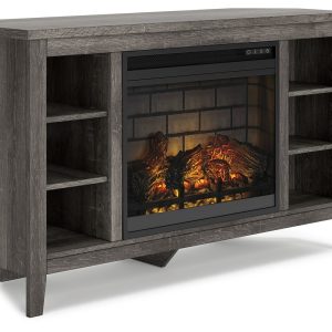 Arlenbry - Gray - Corner TV Stand With Faux Firebrick Fireplace Insert