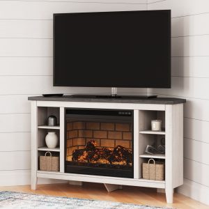 Dorrinson - White / Black / Gray - Corner TV Stand With Faux Firebrick Fireplace Insert