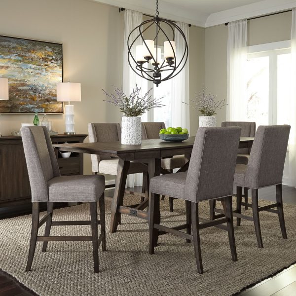Double Bridge - 7 Piece Gathering Table Set - Dark Brown - Upholstered Counter Chairs