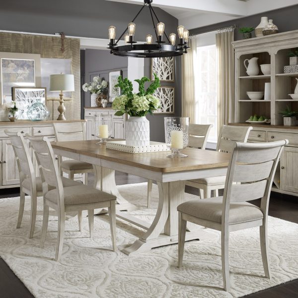 Farmhouse Reimagined - 7 Piece Trestle Table Set - White - Ladder-Back Upholstered Chairs